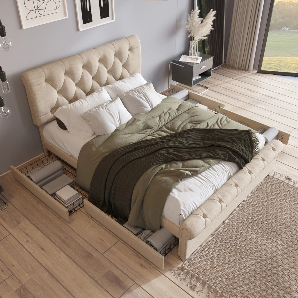 Letto Matrimoniale 140x200 cm; con 4 Cassetti e Testiera Regolabile in Tessuto Natural