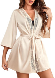Kimono da camera con cintura e V-neck per donne, notte da sposa, abbigliamento da camera, colore crema.