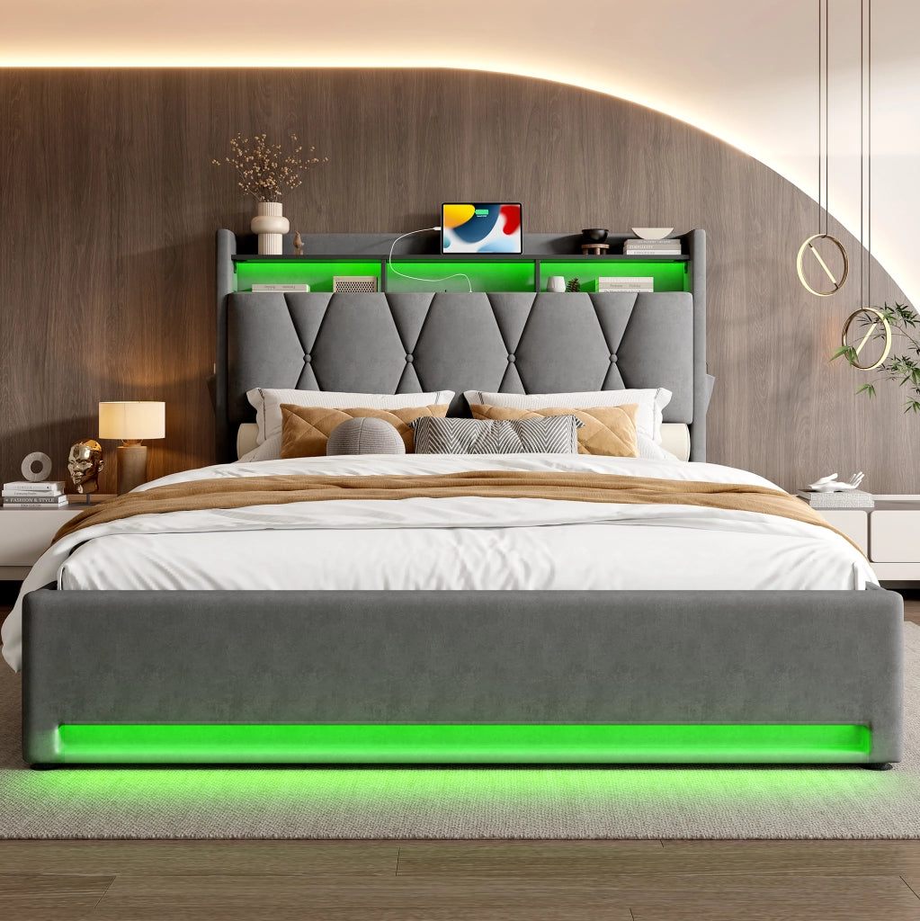 Letto matrimoniale 140x200 cm con contenitore; LED; USB e USB-C in velluto grigio scuro