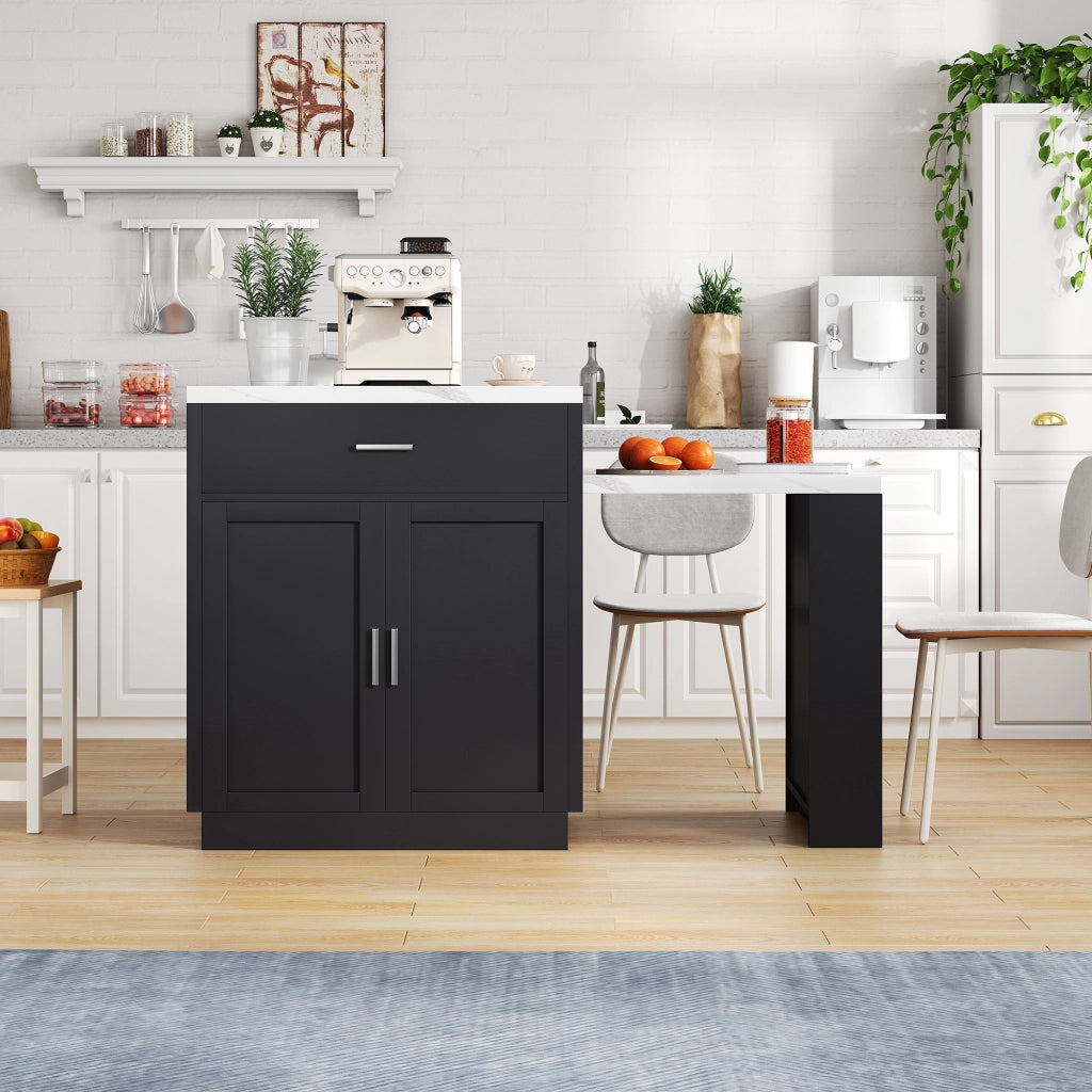 Mobile base da cucina con tavolo estraibile per 2–6 persone; prese USB; nero 211 × 55 × 89.5 cm