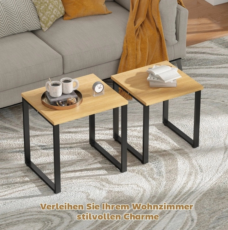 Set 2 Tavolini da Salotto con Struttura in Metallo e Piano Effetto Legno, Misure 60x50x60 cm e 50x50x54 cm