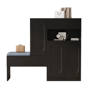 Scarpiera 2-in-1 con seduta imbottita, ante curve soft-close, ripiani regolabili, nero, 130×35×110 cm
