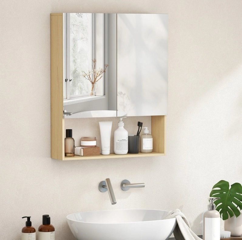 Armadio bagno con specchi doppi, ripiano aperto, montaggio a parete in MDF effetto quercia, 60x16,6x75 cm