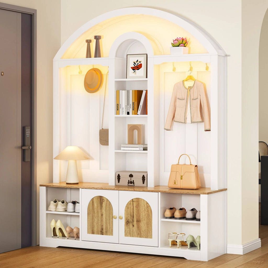 Mobile da ingresso con 2 Ante; 5 Vani; Ganci e LED per Ingresso in MDF 150 × 40 × 195 cm Bianco