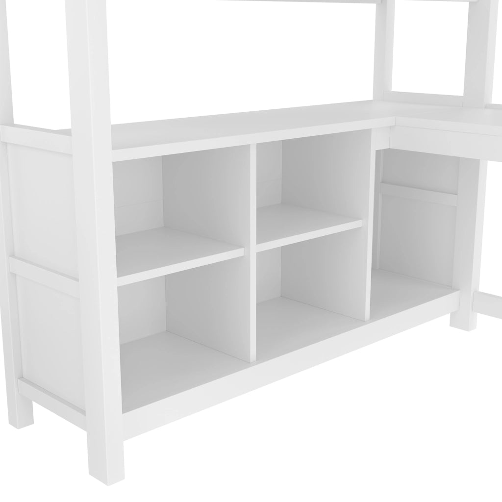 Letto a soppalco 140x200 cm bianco in pino con scrivania e contenitori