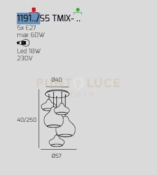 SOSP. CROMO 5 LUCI TONDA VETRI (3 X PICCOLO + 2 X GRANDE) TUTTI AMBRA 1191CR-S5 TMIX-AM