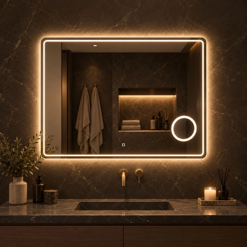 Specchio 5mm rettangolare smussato cornice led interruttore touch lente *** misure 90x70 cm, tonalità dimmerabile 27...