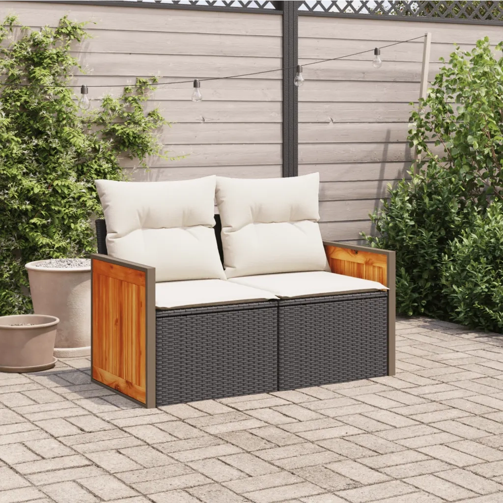 Divano da Giardino con Cuscini a 2 Posti Nero in Polyrattan 366022