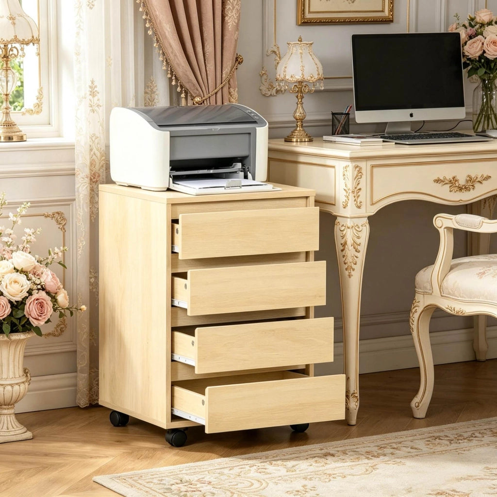 Mobile cassettiera in MDF naturale con 4 cassetti e ruote, 46x40x65 cm