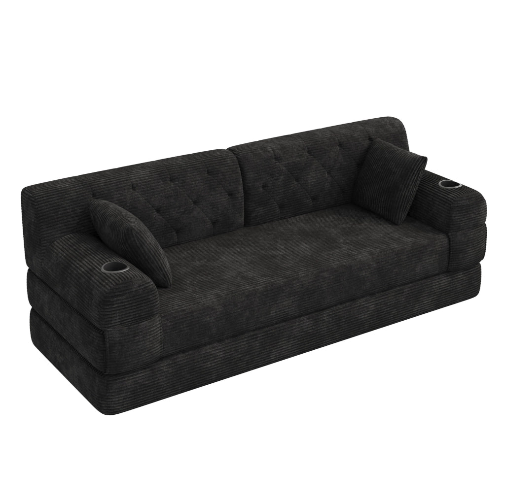 Divano letto 3 posti con rivestimento in velluto a coste, schienale alto, struttura in metallo, 2 portabicchieri e 4 tasche laterali, nero