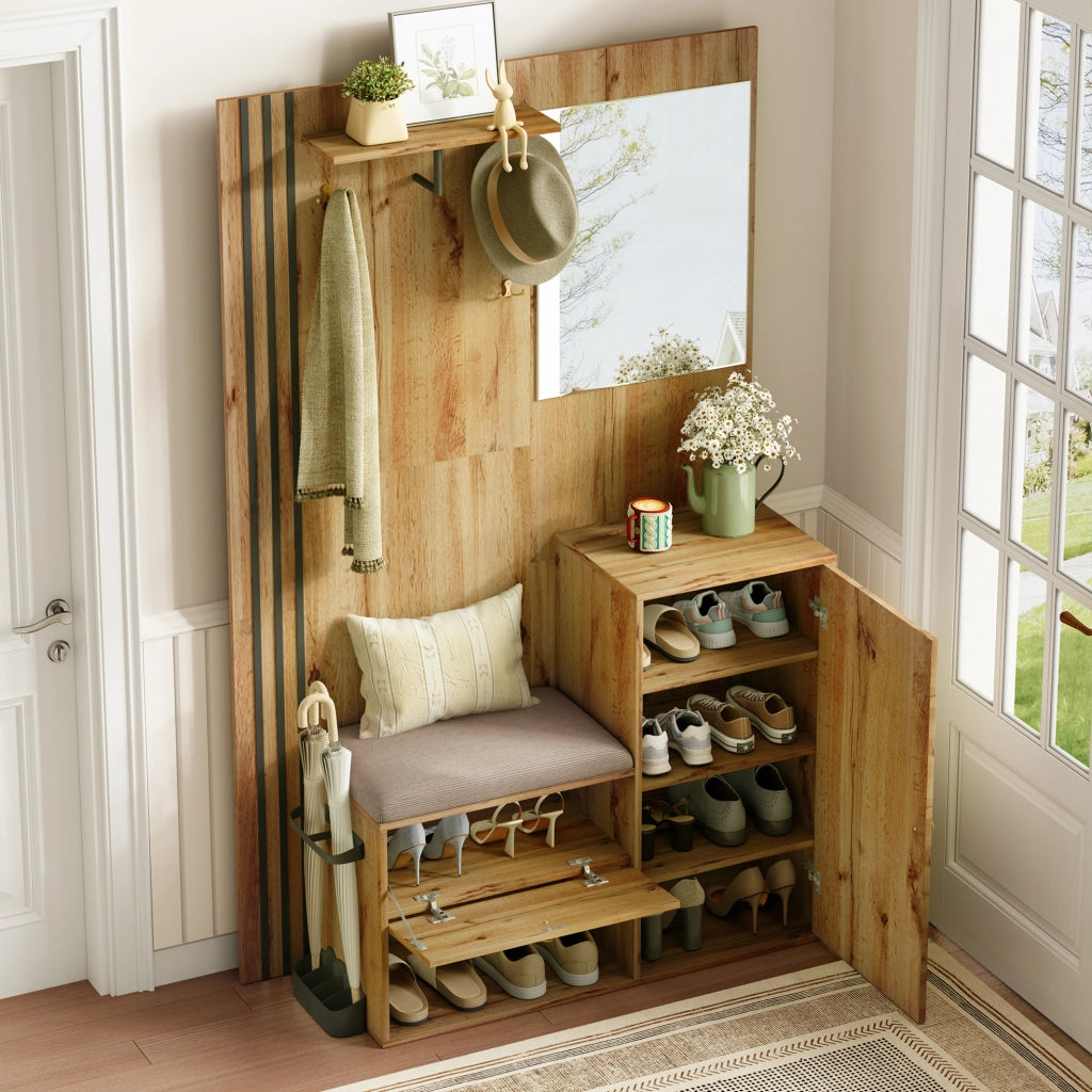 Mobile da ingresso 115x37x185 cm con specchio; seduta e ripiani in MDF naturale e nero