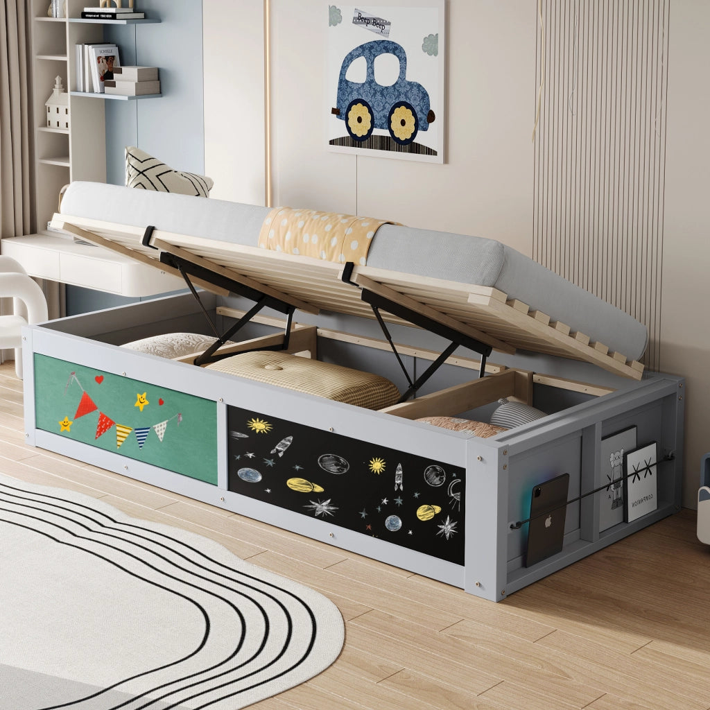 Letto Singolo in Legno 90x200 cm per Bambini Grigio con Contenitore Idraulico e Lavagna