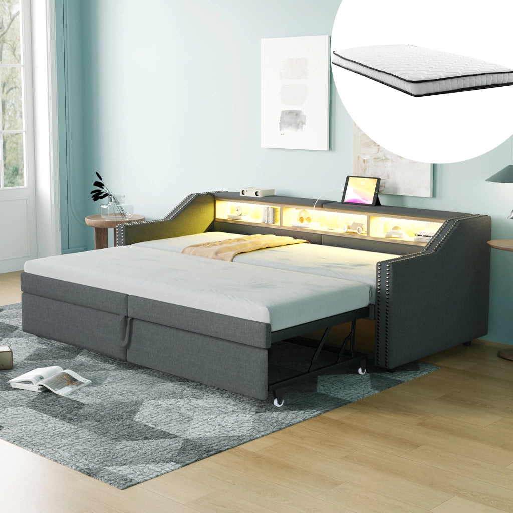 Divano letto estraibile 90/180x200 cm con LED; USB e ripiani laterali; lino grigio scuro