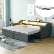 Divano letto estraibile 90/180x200 cm con LED; USB e ripiani laterali; lino grigio scuro