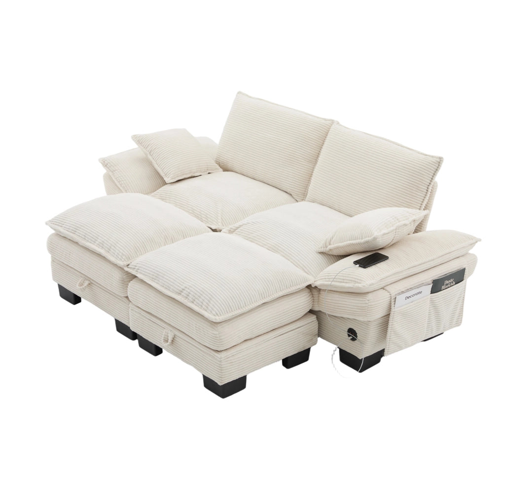 Sofa modulare 2 posti in corduroy con 2 pouf; USB-C; beige; 190x132x84 cm