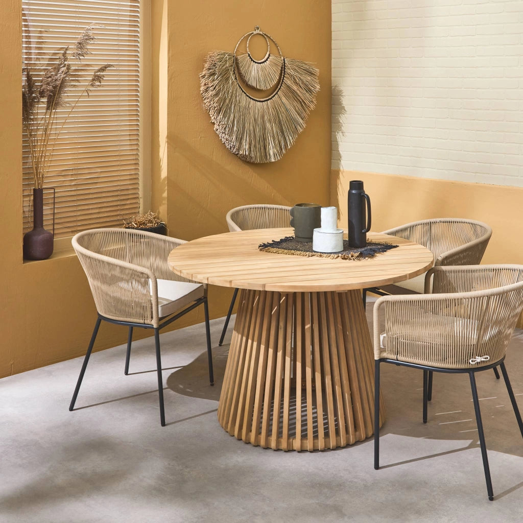 Set tavolo da pranzo rotondo in legno con 4 poltrone in corda, beige