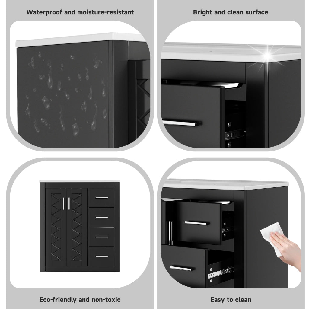 Mobile da bagno a terra con lavabo integrato 3 cassetti e 2 ante in MDF nero con superficie laccata 76 × 46.5 × 85.5 cm