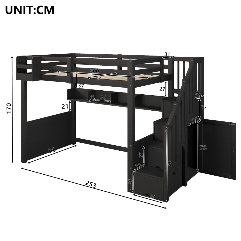 Letto a Soppalco 90x200 cm con Armadio; LED; Contenitore; Scala e Sponde; Nero