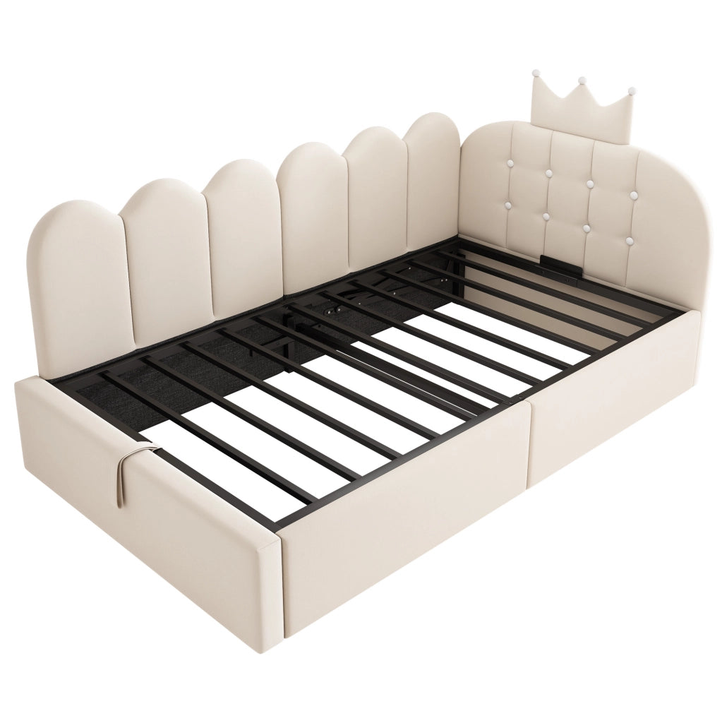Letto singolo a divano 90x200 cm in velluto beige con contenitore idraulico HOMVRA