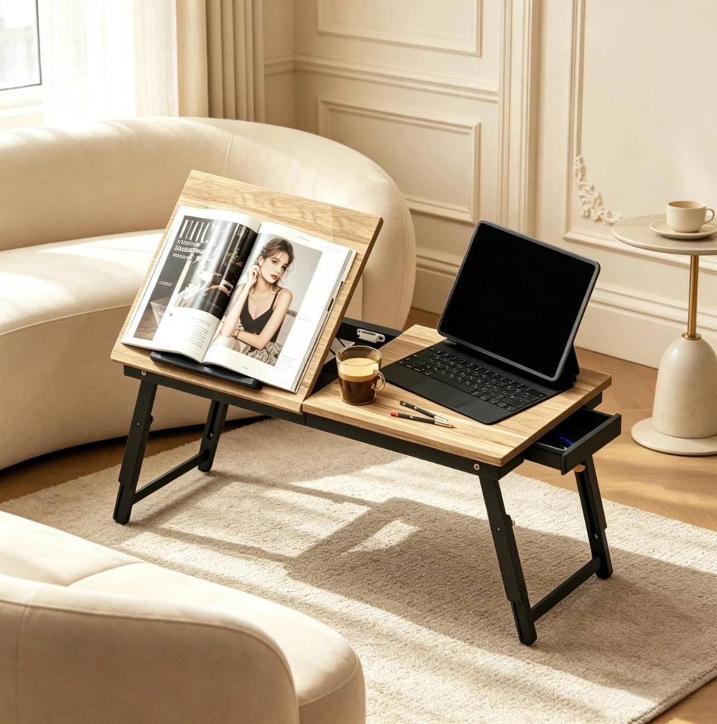 Tavolino da letto per laptop 83;5x33 cm regolabile con cassetto rovere e nero HOMVRA