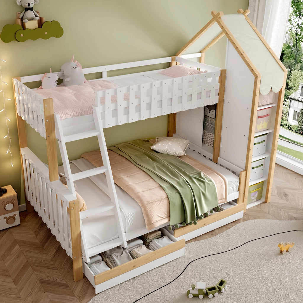 Letto a castello 90 × 200 cm e 140 × 200 cm 3 posti; mensole e 2 cassetti; senza materasso; bianco naturale