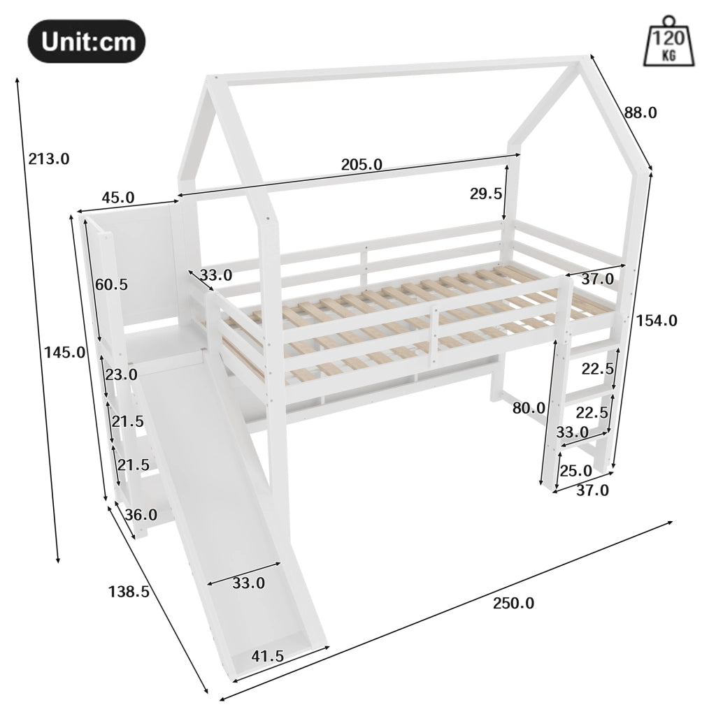 Letto a soppalco ULEVR 90x200 cm a forma di casa con scivolo, LED, ripiani e scala, bianco