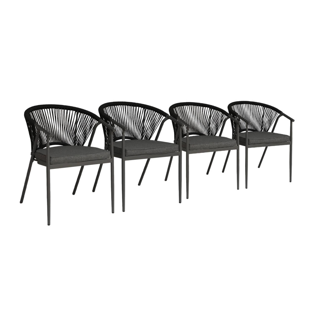 Set 4 sedie da giardino impilabili in acciaio e corde, nero
