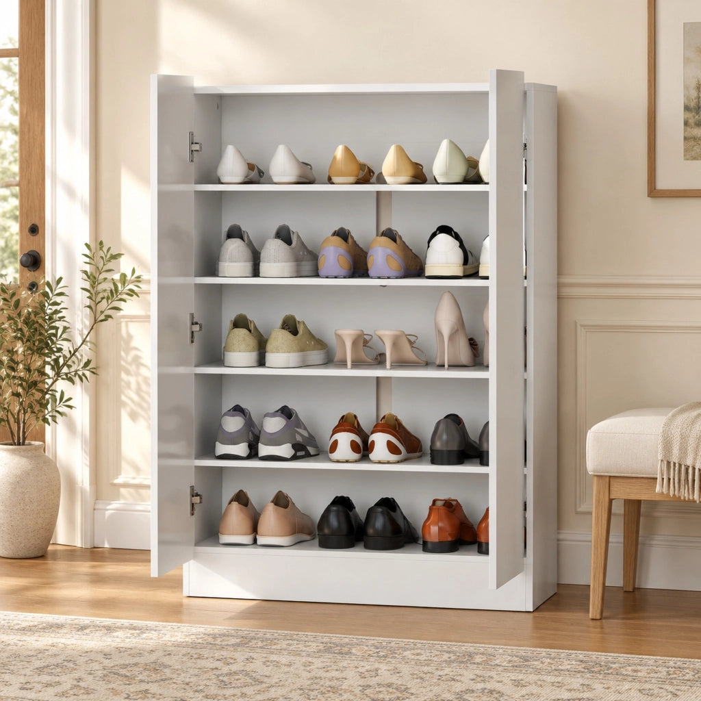 Scarpiera a 5 livelli con ripiani regolabili e ante a chiusura ammortizzata in legno bianco 72 × 34.5 × 103 cm