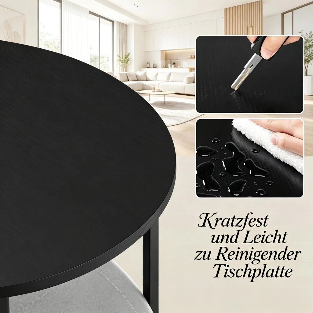 Tavolino basso fisso rotondo con cestino in tela struttura in metallo nero diametro 80 cm altezza 50 cm