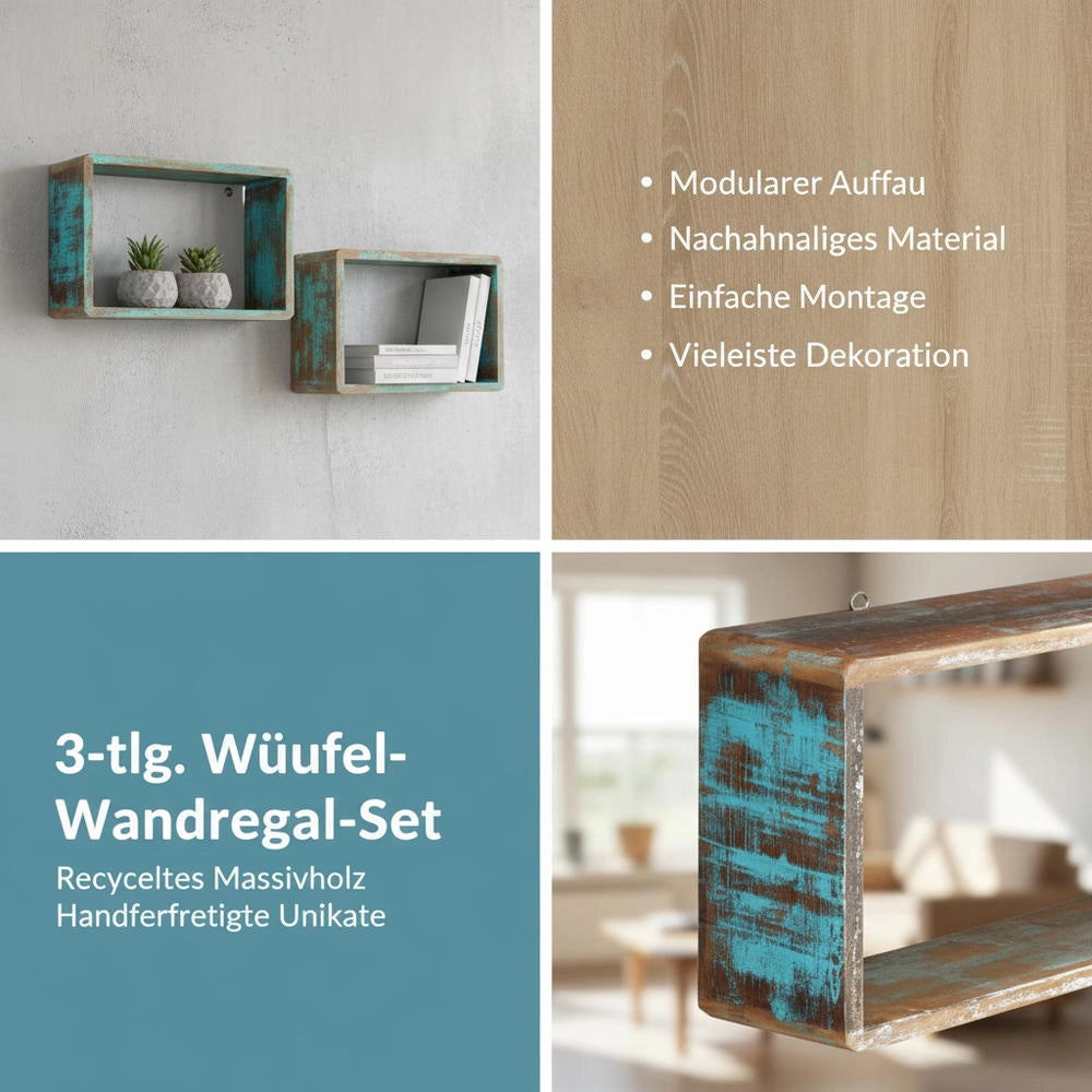 3-piece Cube Wall Shelf Set Made Of Recycled Solid Wood