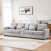 Divano 4 posti 290x83x88 cm con console, porta USB e portabicchieri in tessuto grigio effetto lino