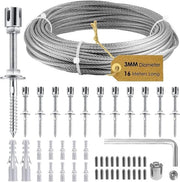 Kit completo in acciaio inossidabile con supporti per parete e cavo da 3 mm - 12 supporti, 16 m di cavo