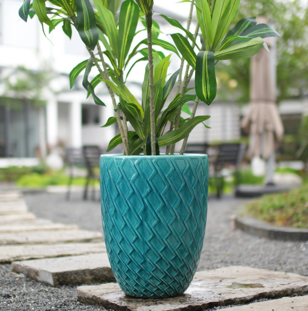 Grande Vaso in Ceramica Artigianale, 42 cm di Diametro × 54 cm di Altezza, Blu Ciano Lucido con Motivo a Rombo, Traspirante e Resistenti al Gelo con Fori di Drenaggio