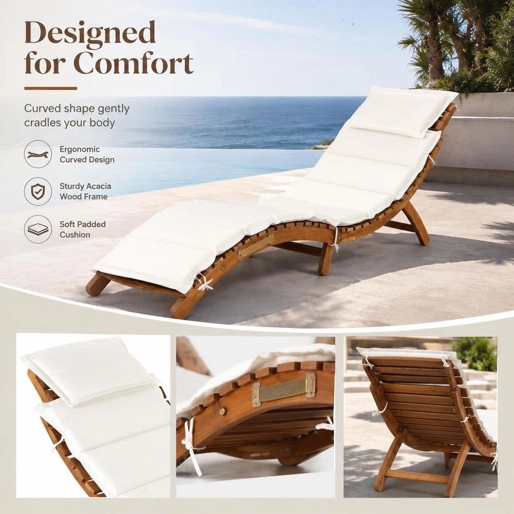 Sun Lounger With Cushion, Solid Acacia Wood, Cream