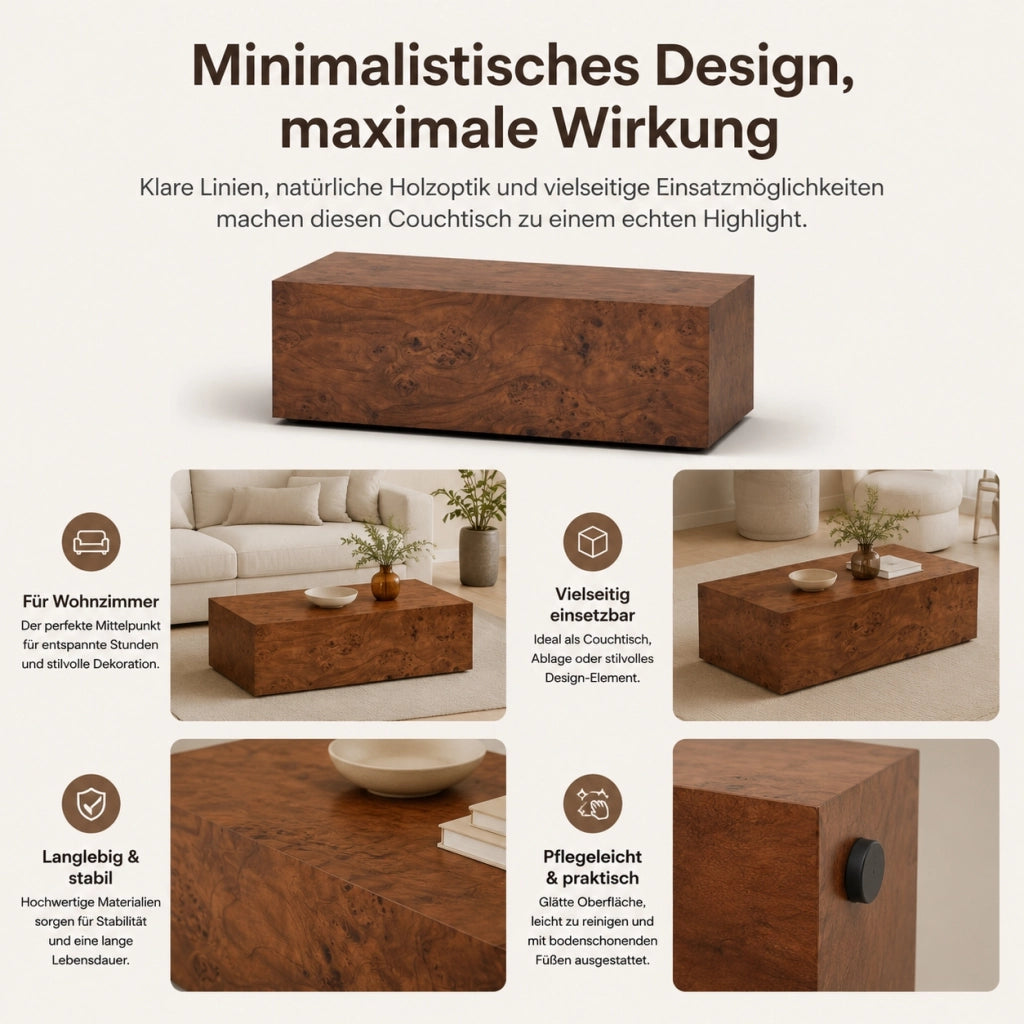 Tavolino basso fisso in MDF color noce con finitura effetto legno e struttura a telaio per soggiorno