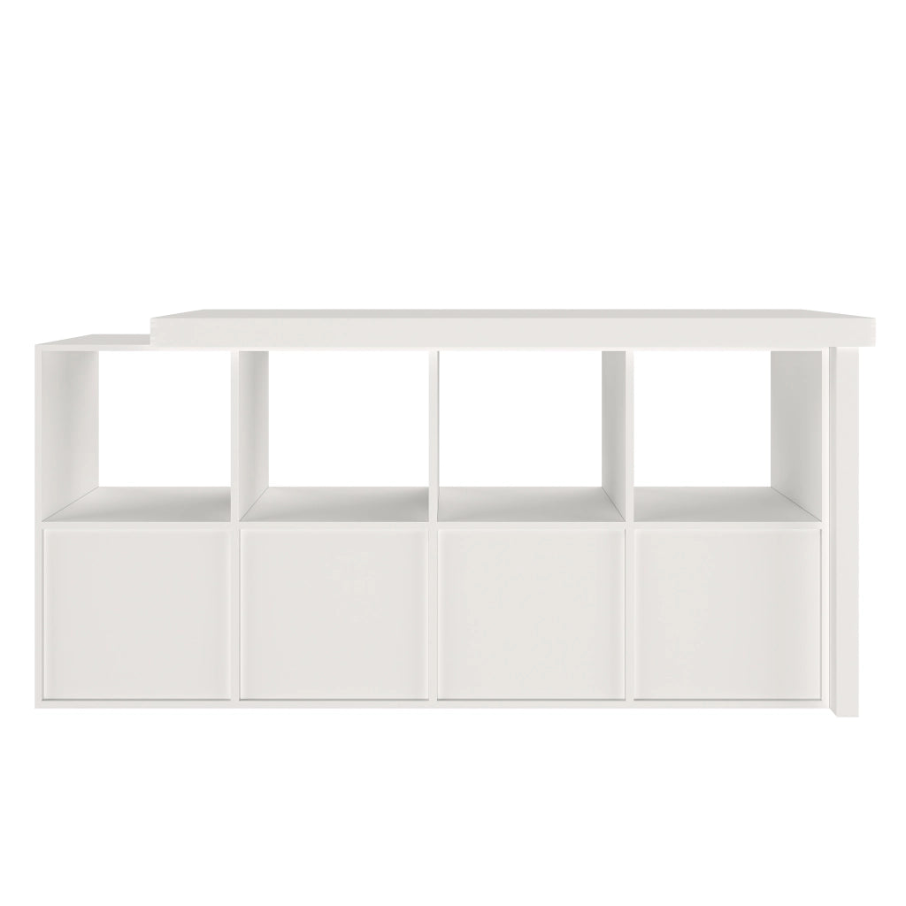 Scrivania angolare girevole a 360° con 4 cassetti e 4 vani contenitore, per ufficio e cameretta, in MDF bianco