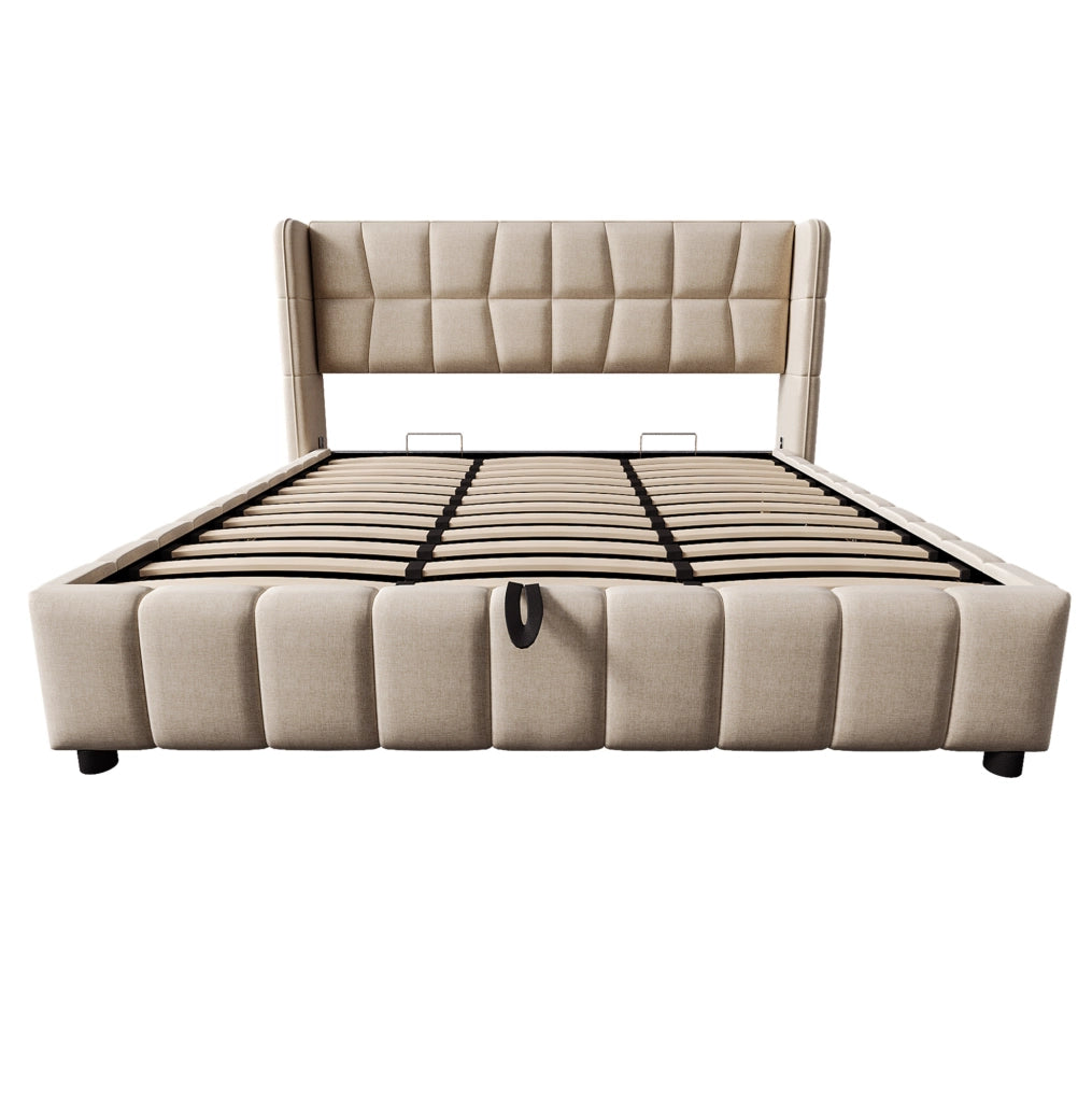 Letto contenitore imbottito ULEVR 180x200 cm con rete a doghe, struttura in metallo e rivestimento beige