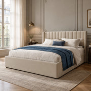 Letto matrimoniale imbottito con contenitore e sistema idraulico 160x200 cm, in lino beige