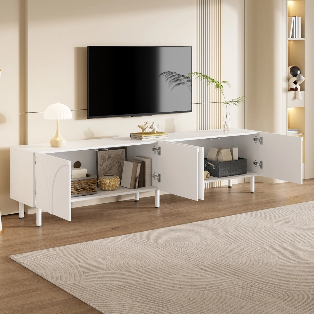 Mobile TV a quattro ante con linee curve tridimensionali in MDF e pannello truciolare bianco 180 × 35 × 49 cm