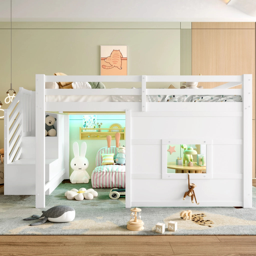 Letto a soppalco 140 x 200 cm con scala contenitore e finestra - Bianco