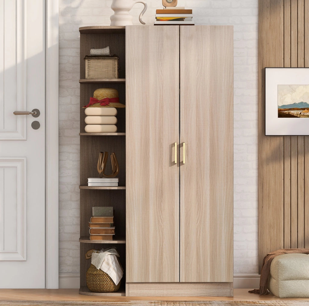 Guardaroba 90 x 55 x 170 cm con doppia anta, ripiani multipli e ampia barra appendiabiti, finitura effetto legno naturale