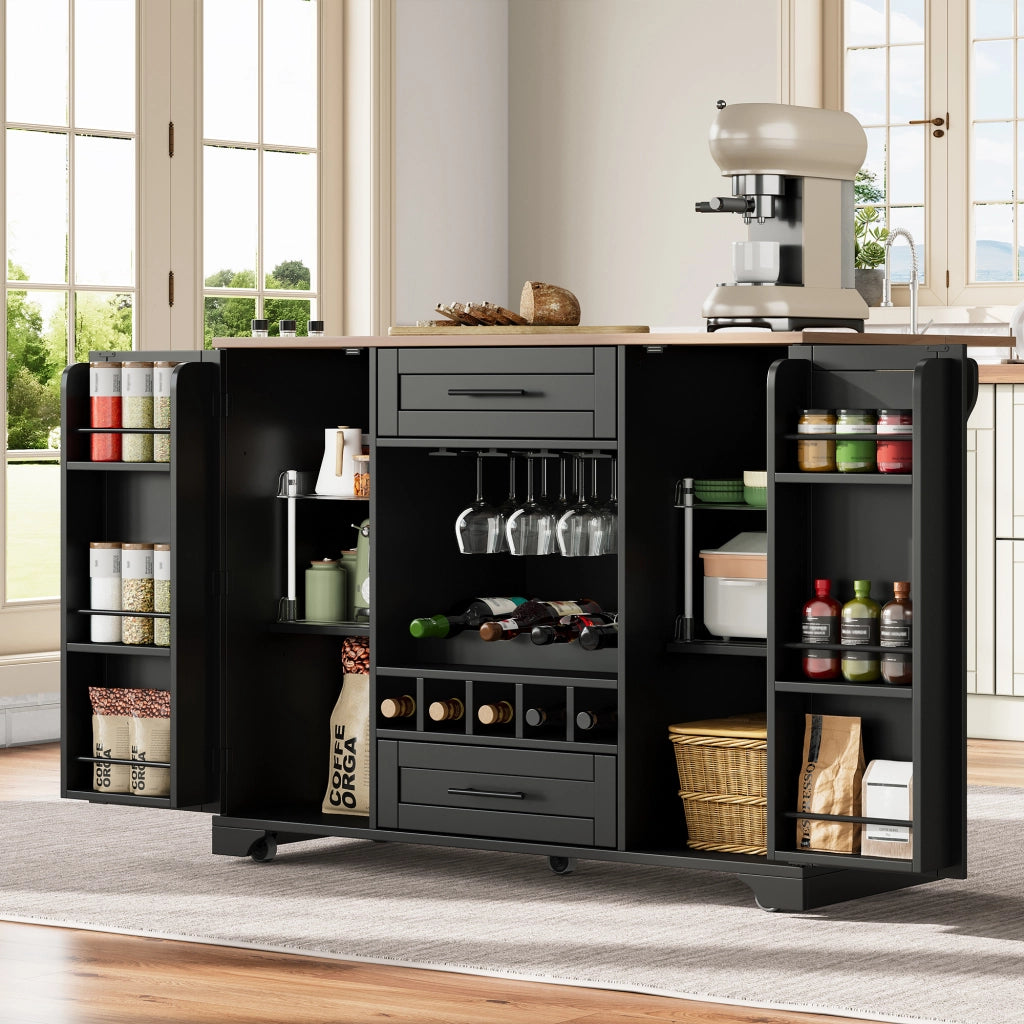Carrello da cucina con piano pieghevole; 2 armadi; 2 cassetti; portabottiglie; portabicchieri e ruote