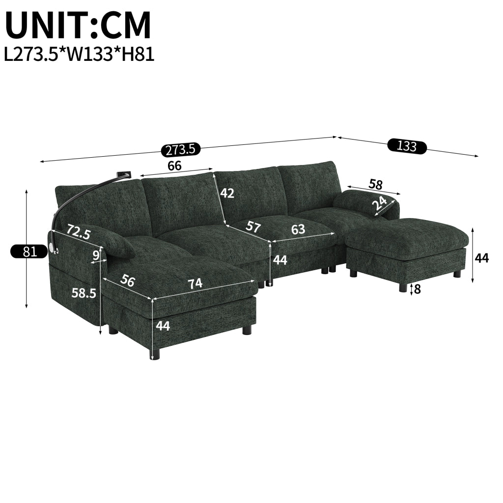 Divano modulare 6 posti a L/U con pouf contenitore; USB e Type-C; chenille verde