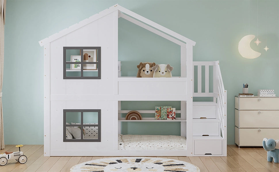 Letto a castello per bambini 90x200 cm bianco e grigio in pino e MDF con tetto; finestre e scala contenitore