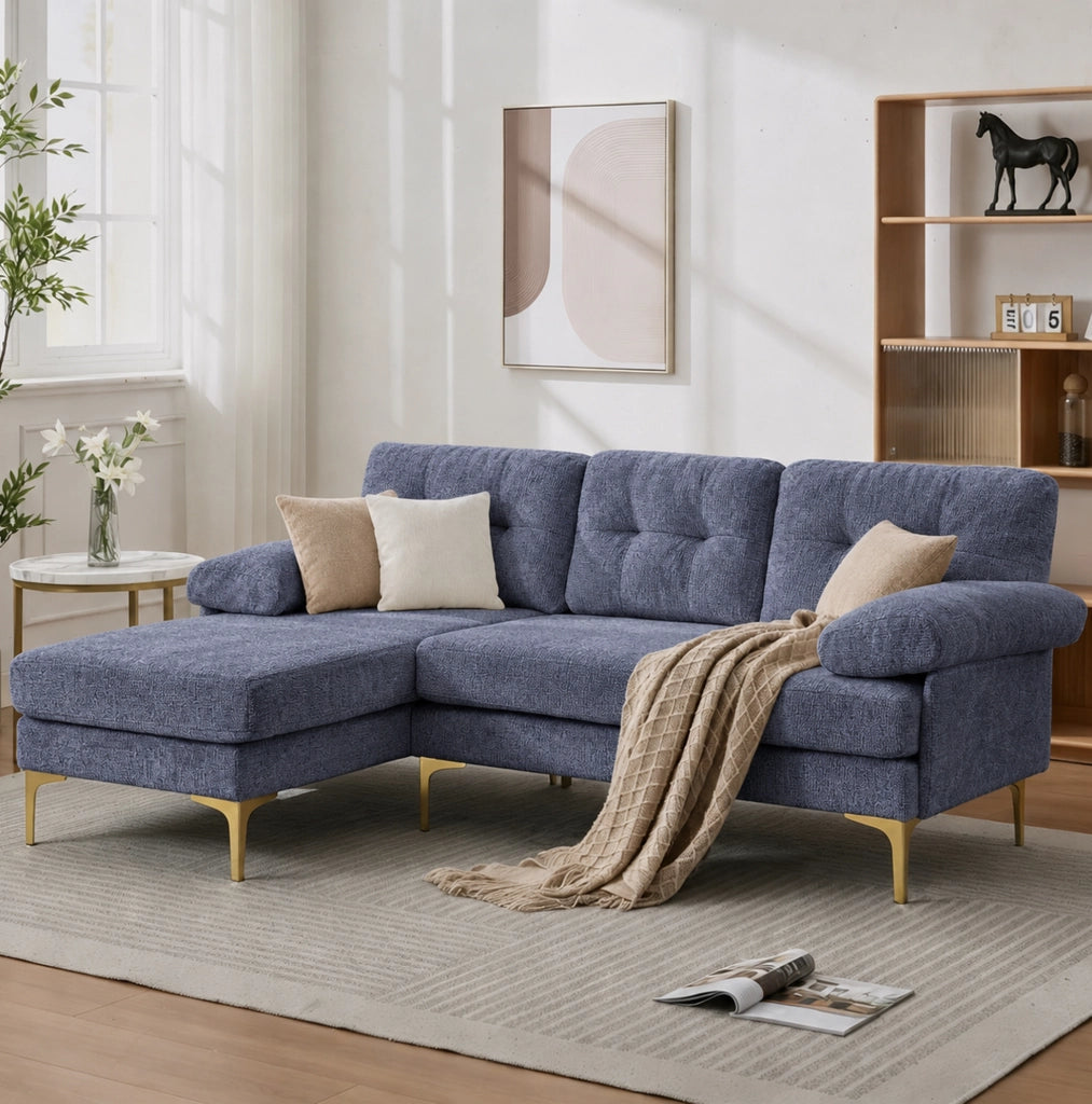 Divano ad angolo a 3 posti 187,5 cm in tessuto Chenille blu con braccioli imbottiti e piedini in metallo