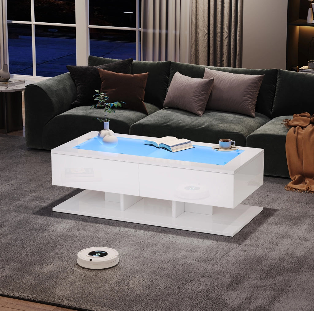 Tavolino da salotto 100x50x35 cm bianco lucido con 2 cassetti; piano in vetro temperato e LED