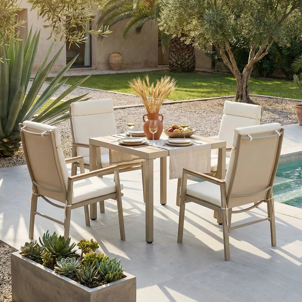 Set di 2 Sedie da Pranzo da Esterno con Braccioli in Legno Plastica e Seduta in Textilene, Struttura in Ferro Zincato, Khaki e Beige