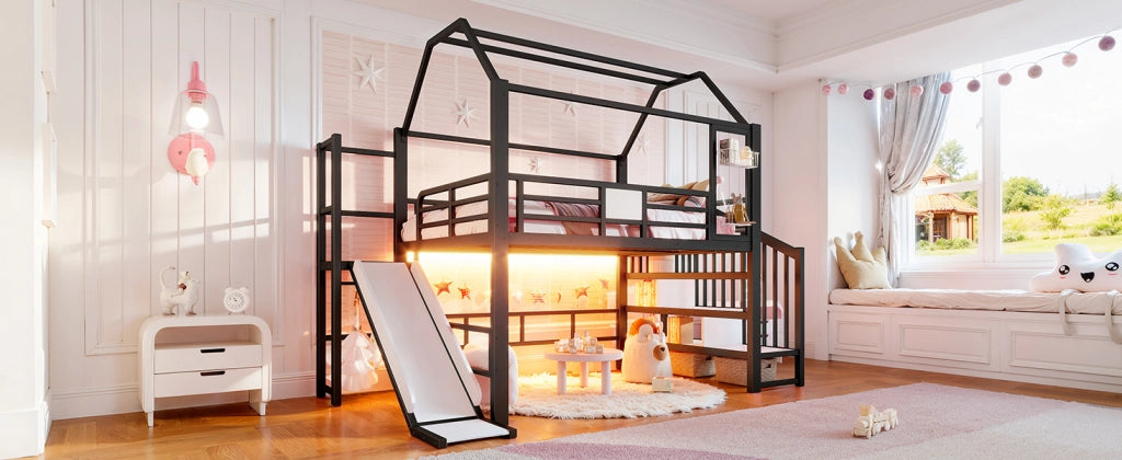 Letto a soppalco per bambini 140 × 200 cm con scivolo scala LED Bluetooth in MDF e metallo nero