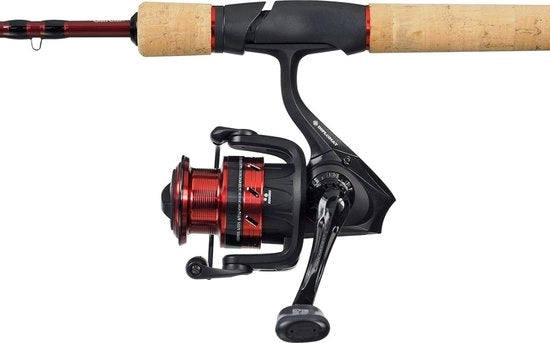 Combo di pesca in viaggio V2, hama e spinnola combo, rotazione, pesca con seta, con valigetta di trasporto rigida, pesca al largo, pesca al snoek/baars/snoekbaars, per uomo e donna, nero/rosso