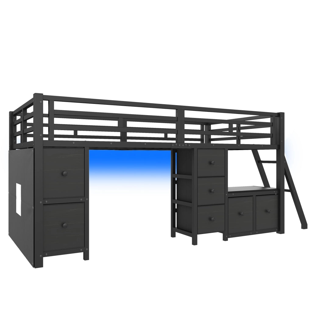 Letto a soppalco basso 90x200 cm con 7 cassetti; LED e area gioco nero
